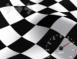 Waving Checkered Flag Background with Speedometer and Arrows