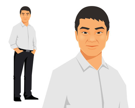 Young asian, chinese, casual business man standing. Vector illustration