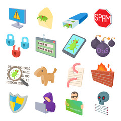 Hacking icons set, cartoon style