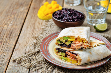 Salmon avocado mango black rice burritos