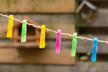 Colored plastic clothes pegs on the clothesline.
Cheerful colors.