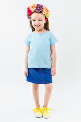 adorable small girl blue knitwear clothing without print. 