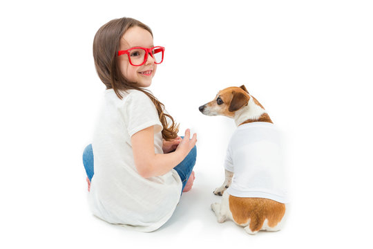 Back Turned Girl and dog sitting down. Team family look t-shirts. Template for place your print on clothes. White background