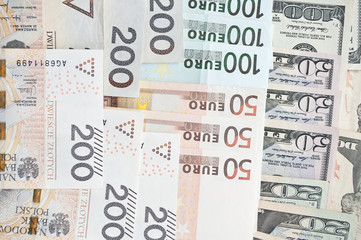 Polish zloty, euro and dollar background