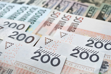 Polish zloty, euro and dollar background