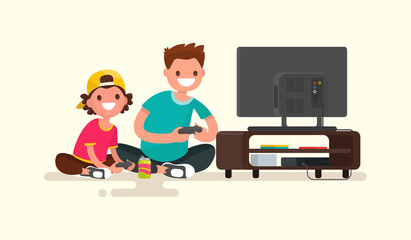 Father and son playing video games on a game console. Vector illustration © tynyuk