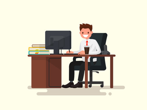 Office Worker Man Behind A Desk. Vector Illustration