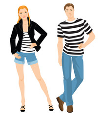 Vector illustration of young people in casual clothes isolated on white. Young man in blue jeans, striped shirt and brown shoes. Woman in blue denim shorts, white striped shirt and black jacket