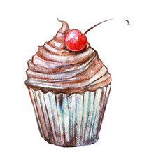 Beautiful chocolate cake isolated on white background. Cake painted in watercolor. Dessert decorated with cherries.