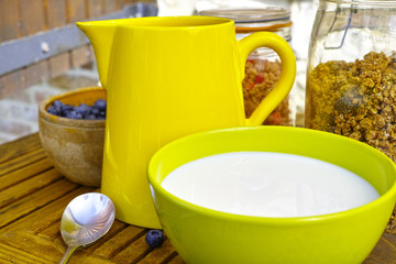 Healthy breakfast with milk and cereals in the garden