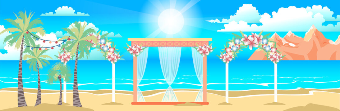 illustration of happy sunny summer day at the beach with wedding entourage on island. Bright sun, palm trees in flat style