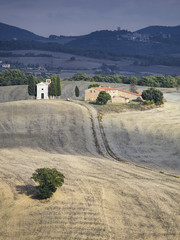 view of tuscany mountain range and field