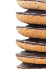 Jaffa chocolate orange cookies aranged in tower over white copy