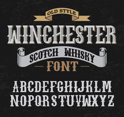 Winchester label font whith decoration design. Old style.