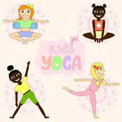 Kid's yoga. Kid's yoga pattern. Green background. Mandala. 