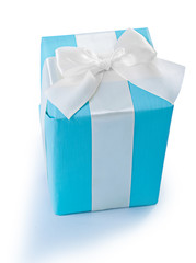 blue giftbox with white bow isolated