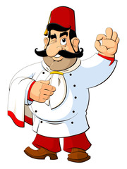 Cartoon chef in the Turkish national fez. Gesture approval.