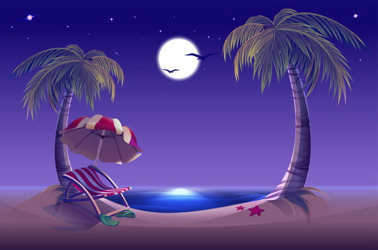Night beach. Sea, moon, palm trees and sand. Romantic summer vacation