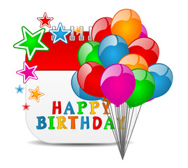 happy birthday on calendar with balloons and stars