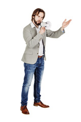 man holding megaphone. human emotion expression