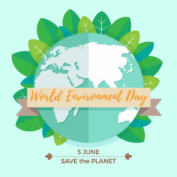 World environment day concept with mother earth globe and green leaves on mint background. With an inscription Save the Planet, 5 June. Vector Illustration
