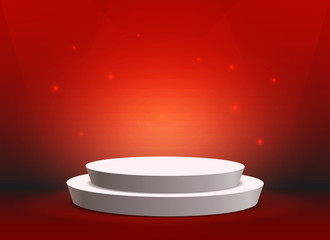 Empty template of white round podium on red background