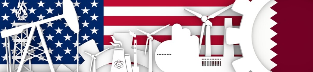 Energy and Power icons set. Header banner with Qatar and USA flags