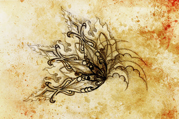 ornamental filigran drawing on paper with flower and flame structure pattern, Color effect and Computer collage.