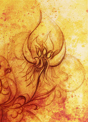 ornamental filigran drawing on paper with spirals, flower petals and flame structure pattern, Sepia effect.