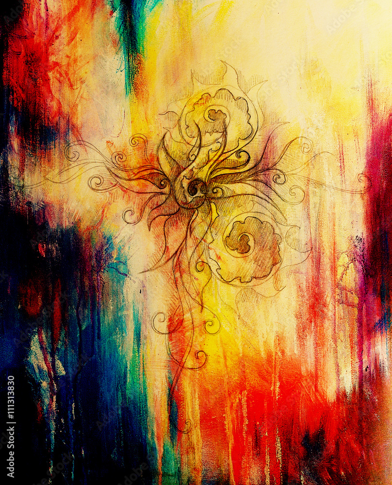 Leinwandbilder ornamental filigran drawing on paper with flower and flame structure pattern, color effect and compu