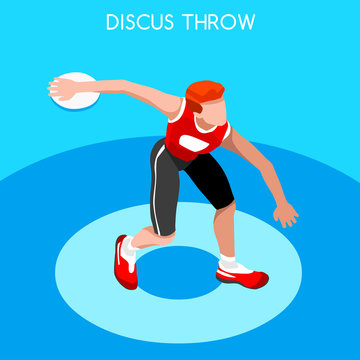 Athletics Discus Throw Summer Games Icon Set.3D Isometric Athlete.Sporting Championship International Competition.Sport Infographic Discus Throw Athletics Vector Illustration