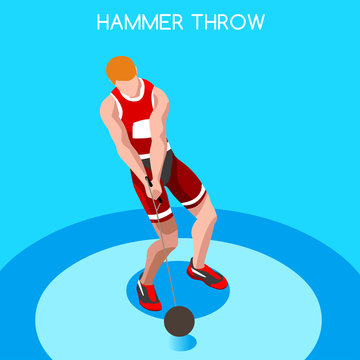 Athletics Hammer Throw Summer Games Icon Set.3D Isometric Athlete.Sporting Championship International Competition.Sport Infographic Hammer Throw Athletics Vector Illustration