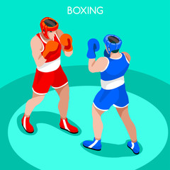 Boxing Players Summer Games Icon Set.3D Isometric Boxer.Sporting Championship International Boxe Competition.Sport Infographic Boxing Vector Illustration