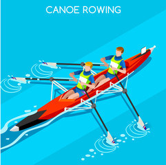 Canoe Sprint Rowing Summer Games Icon Set.3D Isometric Canoeist Paddler.Sprint Rowing Canoe Sporting Competition Race.Sport Infographic Canoe Rowing Vector Illustration © Aurielaki