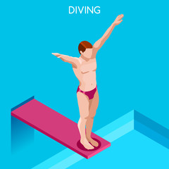 Diving Summer Games Icon Set.3D Isometric Diver.Diving Sporting Competition Race.Sport Infographic Diving Vector Illustration