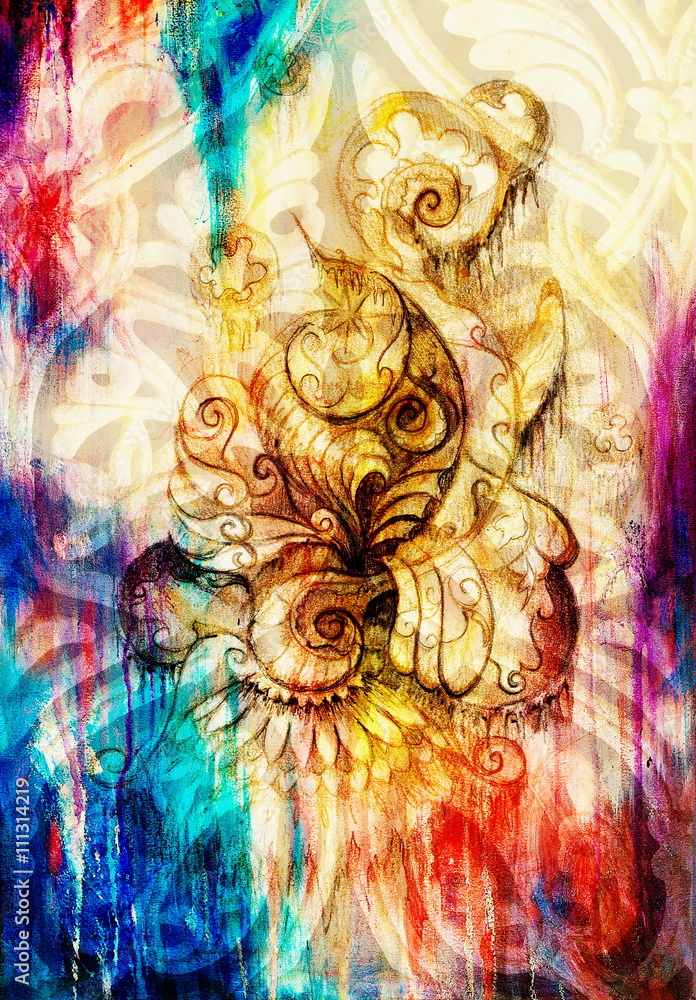 Poster ornamental filigran drawing on paper with spirals, flower petals and flame structure pattern, color 