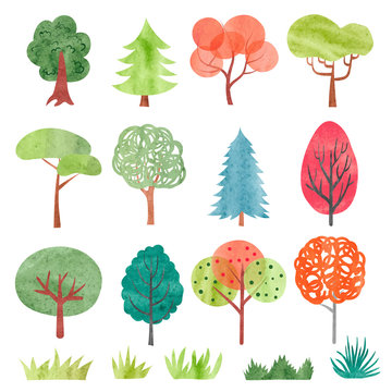 Set of watercolor trees. Colorful tree and grass symbols for your design. Vector illustration. 