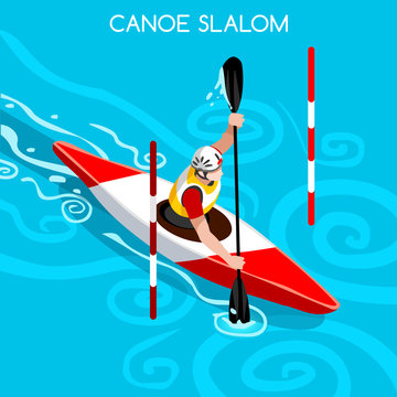 Kayak Slalom Canoe Summer Games Icon Set.3D Isometric Canoeist Paddler.Slalom Kayak Sporting Competition Race.Sport Infographic Kayak Slalom Vector Illustration