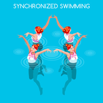 Synchronized Swimming Summer Games Icon Set.3D Isometric Swimmer Team.Water Dance Swimming Sporting International Competition.Sport Infographic Synchronized Swimming Vector Illustration.
