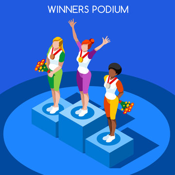 Winner Podium Summer Games Icon Set.Speed Concept.3D Isometric Athlete.Sporting Competition.Sport Infographic Winner Podium Vector Illustration.