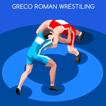 Greco Roman Wrestling Summer Games Icon Set.3D Isometric Fighting Athletes.Sporting Championship International Wrestling Competition.Sport Infographic Wrestling Vector Illustration