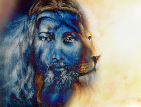 painting of Jesus with a lion, on beautiful colorful background, eye contact and lion profile portrait.
