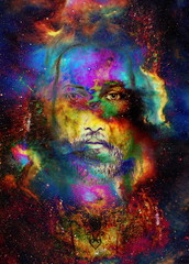 Jesus Christ painting with radiant colorful energy of light, eye contact.