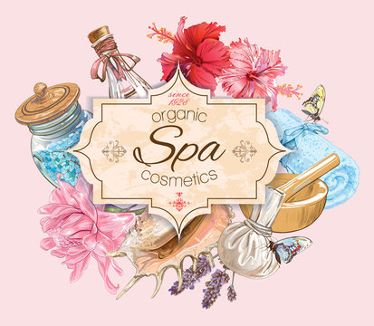 Spa treatment banner with lotus,shell and hibiscus flowers. Design for cosmetics, store,spa and beauty salon, organic health care products. Can be used as logo design. Vector illustration.