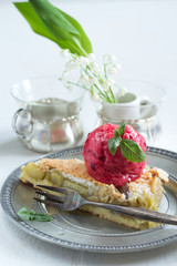 rhubarb - apple pie and a scoop of raspberry sorbet with basil
