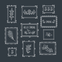 Hello spring. Hand drawn vintage frames and spring flowers with chalk on the black chalkboard. Doodles, sketch for your design. Vector.