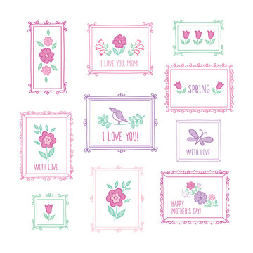 Set of hand drawn colored decorative elements for Mother's Day, Valentine's Day, birthday, wedding, easter. Vintage frames and spring flowers. Doodles, sketch for your design. Vector.