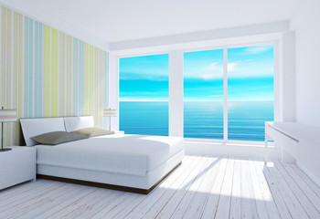 White modern loft bedroom interior with sea view
