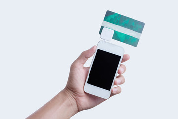 Mobile Credit Card Reader on white background, payment is easy for customers