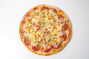 Salami pizza on white background